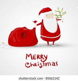 Santa Claus with gifts and fur tree. Vector illustration for retro christmas card