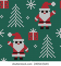 Santa Claus and gifts jacquard knitted seamless pattern. Snowy forest and snowflakes winter background. Vector illustration.