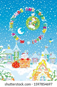 Santa Claus with gifts looking out of a bricky chimney on a snow-covered rooftop of a colorful town house on a snowy moonlit night before Christmas, vector cartoon illustration