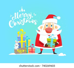 Santa Claus  with gifts. Merry Christmas text. Holiday greeting. Vector, illustration, flat