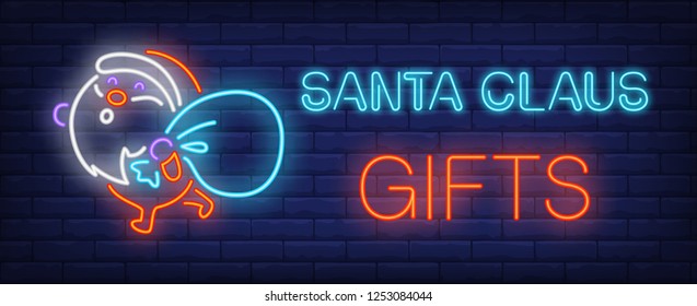 Santa Claus gifts neon sign. Glowing inscription with Santa Claus holding blue gift sack on brick wall background. Vector illustration can be used for New Year, christmas time, decoration