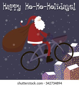 Santa Claus with gifts on bicycle rides over the night city