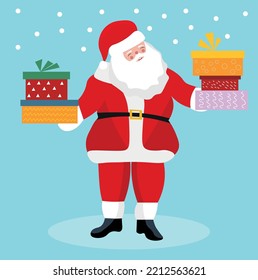 Santa Claus with gifts on light blue background