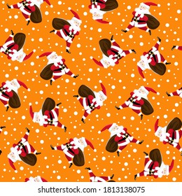 Santa Claus with gifts on orange background. Seamless pattern. Vector.