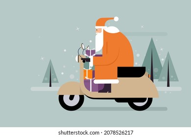 Santa Claus with gifts on a scooter in a winter background