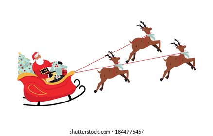 Santa Claus with gifts on sleigh with reindeer. Christmas winter illustration