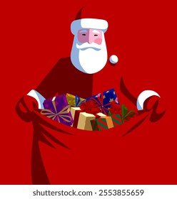Santa Claus with gifts in an open red bag on a red background. Vector Illustration in in flat style