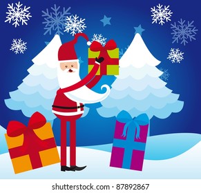 santa claus with gifts over snow landscape. vector