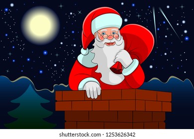Santa Claus with gifts in a pipe on the background of the night sky