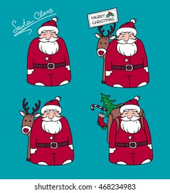  Santa Claus with gifts. Santa with reindeer. Santa with Christmas tree. Set of cartoon characters Santa Claus. 