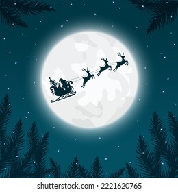 Santa Claus and gifts in sleigh with reindeer pulling the sleigh on the moon background. Vector illustration.