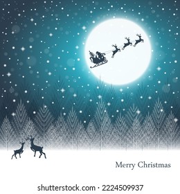 Santa Claus and gifts in sleigh with reindeers pulling the sleigh on the moon background. Vector illustration.