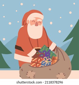 Santa claus and gifts in snow landscape