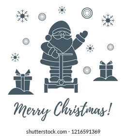 Santa Claus, gifts, snowdrifts, snowflakes. New Year and Christmas symbols.