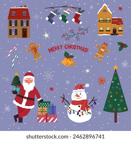 Santa Claus with gifts. Snowman with a garland of light bulbs. Gingerbread men and holiday elements. Christmas and New Year. Flat vector.