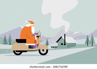 Santa Claus with gifts travelling on a scooter in a winter background