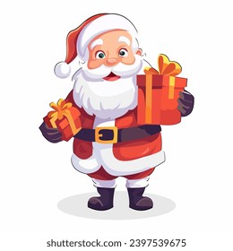 Santa Claus with gifts vector illustration. Santa Claus cartoon isolated on white background.Merry Christmas and Happy New Year greeting card. Cheerful Santa Claus holding two gift boxes. gift