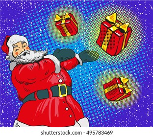 Santa claus with gifts vector illustration in comic pop art style. Merry Christmas holiday concept poster and greetings card.