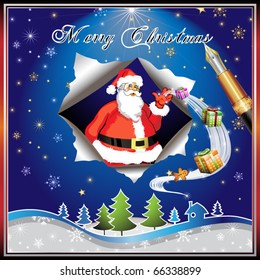 Santa Claus with gifts, vector illustration card
