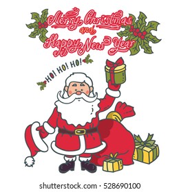 Santa Claus with gifts. Vintage style funny greeting card - Christmas and Happy New Year 2019 Holiday Vector