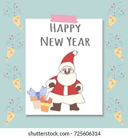 Santa Claus with gifts and words Happy New Year. Vector cartoon illustration can be used for baby t-shirt, print design, baby shower, greeting and invitation card.