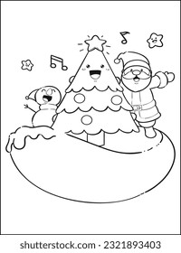 Santa Claus with gifts, wreath and Christmas tree outline line art doodle cartoon illustration. Winter Christmas theme coloring book page activity for kids and adults.