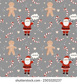 Santa Claus, gingerbread man, gift box, lollipop, Ho Ho Ho seamless pattern. Vector Background for designs of wrapping paper, covers, fabric, textiles. greeting cards. Concept of Christmas or New Year