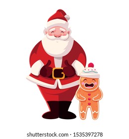 santa claus with gingerbread man on white background vector illustration design