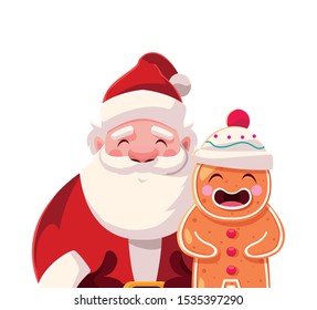 santa claus with gingerbread man on white background vector illustration design