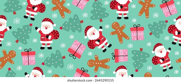 Santa Claus, gingerbread man, present, Christmas tree, and snowflake seamless pattern for holiday celebration. Vector.