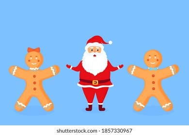 Santa Claus and gingerbread men and woman. Cartoon Christmas Characters