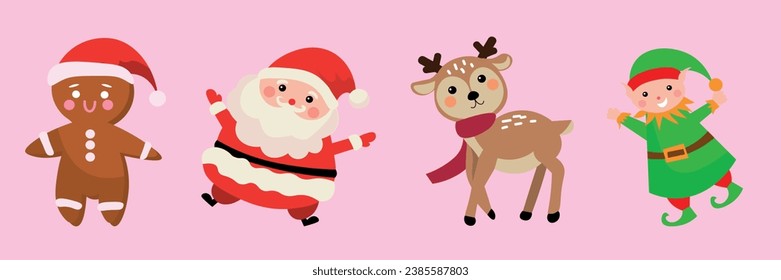 Santa Claus with gingerman, reindeer and elf on pink background