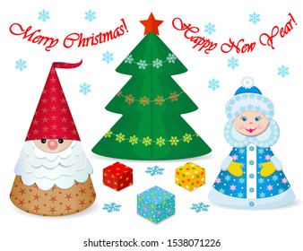 Santa Claus with a girl, Christmas tree, gifts and snowflakes isolated on a white background. Happy New Year and Merry Christmas lettering. Paper cut