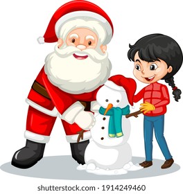 Santa Claus with girl creating snowman on white background illustration