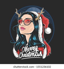 SANTA CLAUS GIRL DEER HORN USE GLASSES ARTWORK VECTOR EDITABLE LAYER