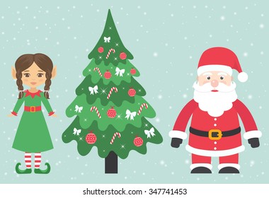 santa claus and girl elf with braid and fir-tree 