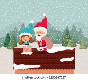 santa claus and girl helper in chimney