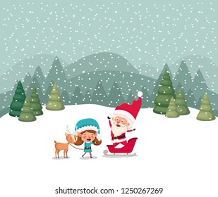 santa claus and girl helper with sled and reindeer