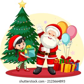 Santa Claus and a girl holding gift box in cartoon style illustration