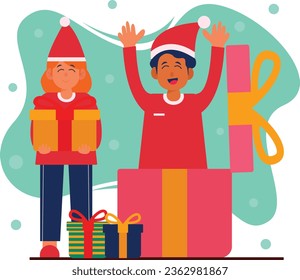 Santa Claus and girl holding gift boxes. Vector illustration in flat style