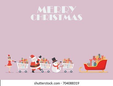 Santa claus Santa girl and Snowman push a shopping cart to sleigh. Vector illustration poster