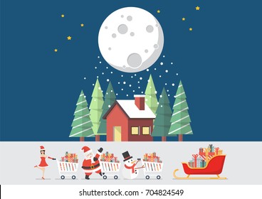 Santa Claus Santa y Snowman empujan un carro de compras para dormir con la casa de invierno. Cartel de ilustración del vector