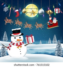 santa claus give gift box to snow man on christmas