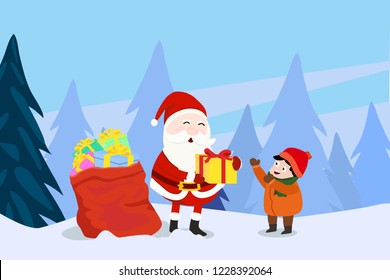 Santa Claus give present box to kid. Concept for Christmas and new year banner in vector illustration