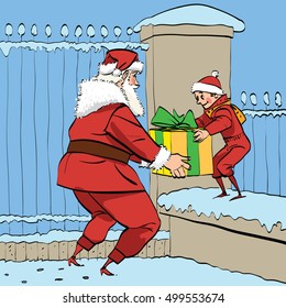 Santa Claus gives the boy a box of gifts, comic book retro illustration. Christmas and New year. On the background of the fence