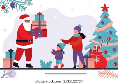 Santa Claus gives gift boxes to children. Father Christmas, happy kids and presents near traditional xmas tree. Boxing day. Xmas party, winter holiday. flat vector illustration