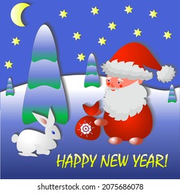 Santa Claus gives a gift to a hare in the winter forest on New Year's Eve