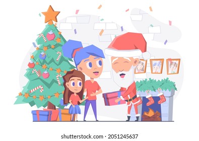 Santa Claus gives a gift to a little girl, with a fireplace and a Christmas tree in the back