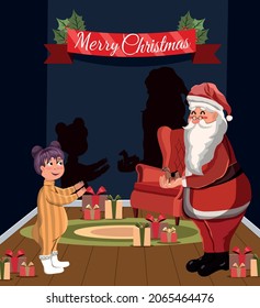 Santa Claus gives a gift to a little girl in pajamas. Joy. Children's room. Night. Blue room. Merry Christmas and Happy New Year. 2022 year. Cartoon. Grandpa in a red suit. Dust. Vector Illustration