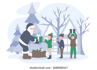 Santa Claus gives gifts to children. Christmas presents for kids. Merry Christmas and happy New Year greeting card. Flat vector illustration. Winter landscape.